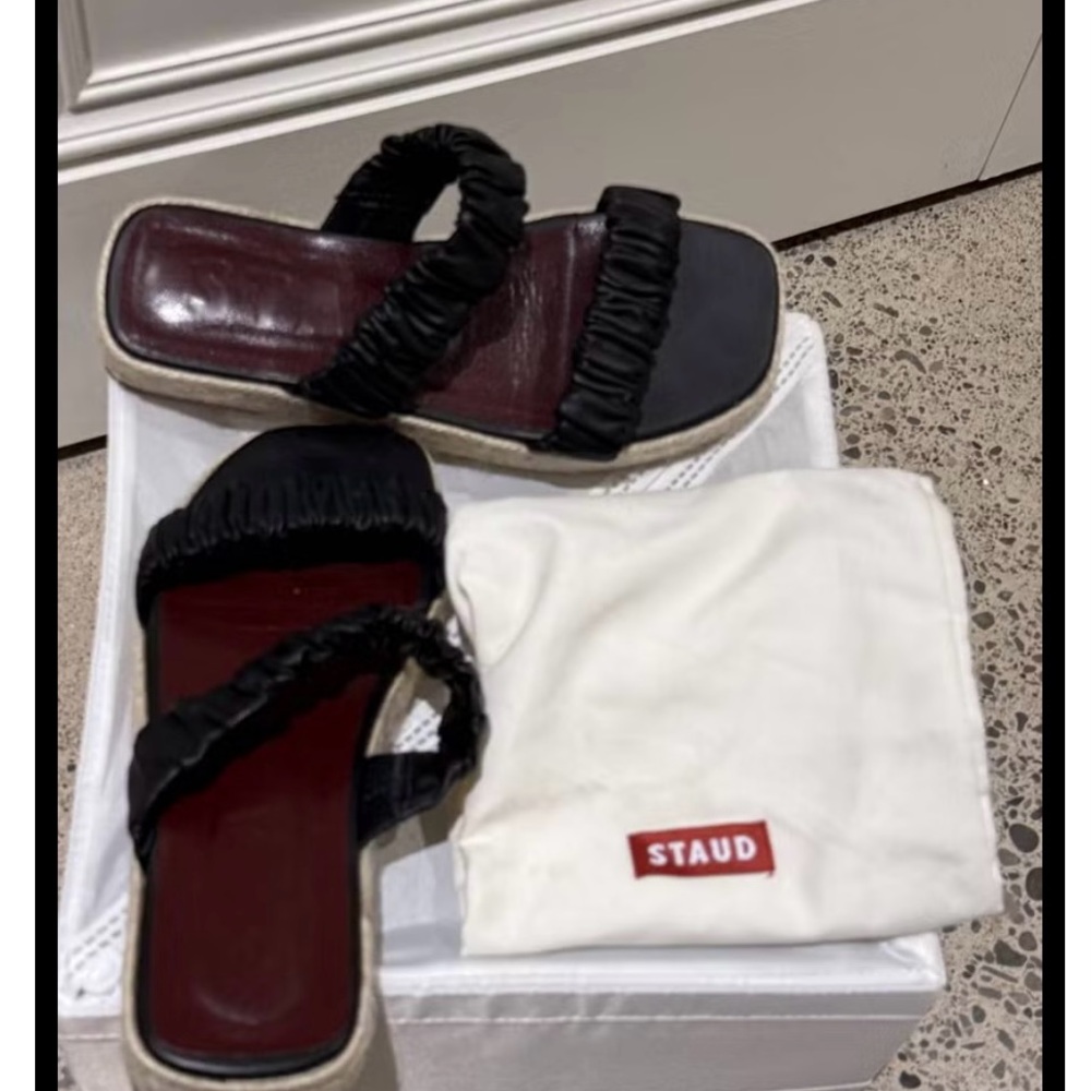 STAUD Black and Cream Slide Sandals with Ruched Strapsr - Picture 2 of 5